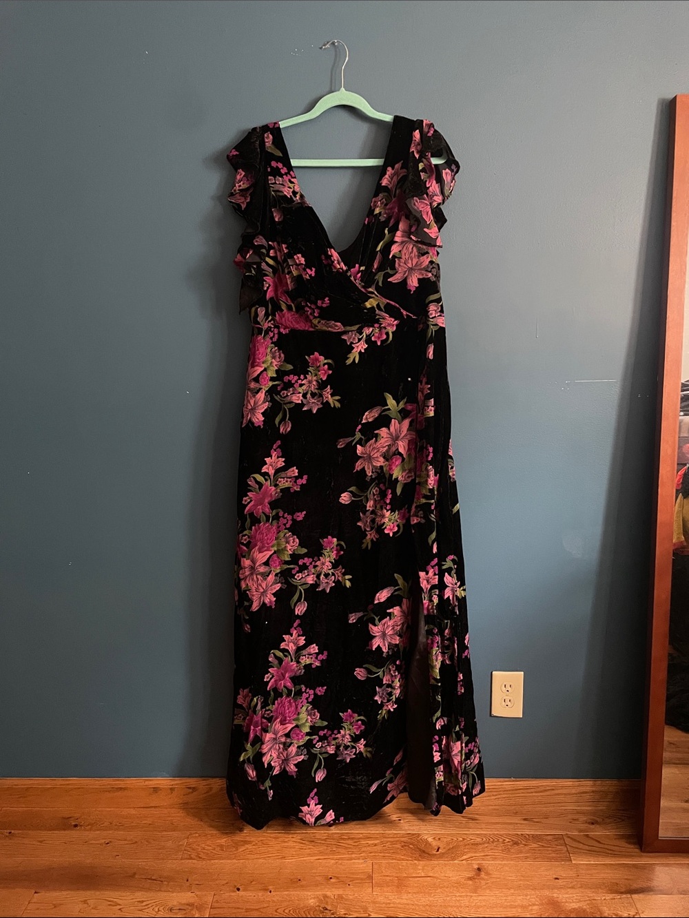 Azazie Black Floral V-Neck Ruffled Sleeve Maxi Dress - Pink Floral